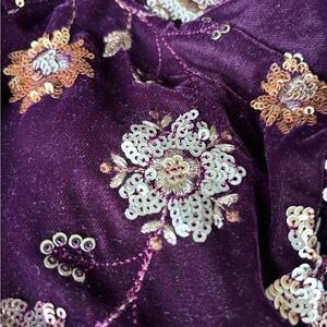 Embroidered Floral Velvet Saree blouse in Deep Purple with Gold Sequins